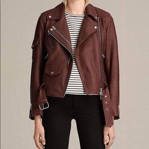 allsaints harland leather biker jacket burgundy